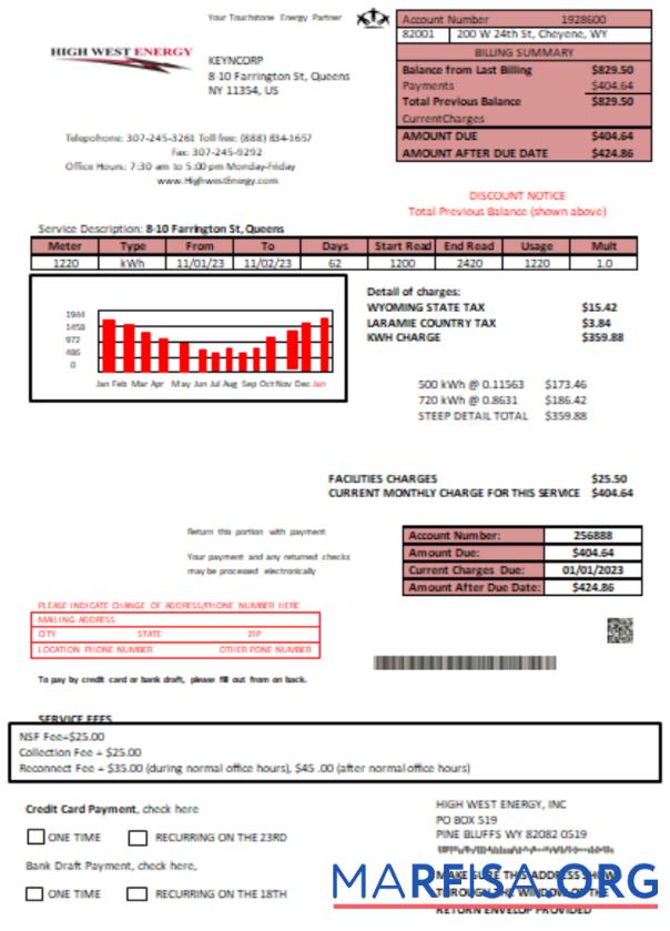 Realistic Wyoming High West Energy utility business bill, page 1 SCR real example